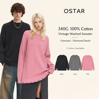 Pull en coton 100% 340G avec logo personnalisé, effet vintage, col rond, coupe oversize, épaules tombantes, streetwear, tricot pour homme