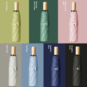 Parapluie pliant simple noir uni avec poignée en bois pour fille, anti-UV, pour soleil et pluie, avec logo imprimé - Product Image 3