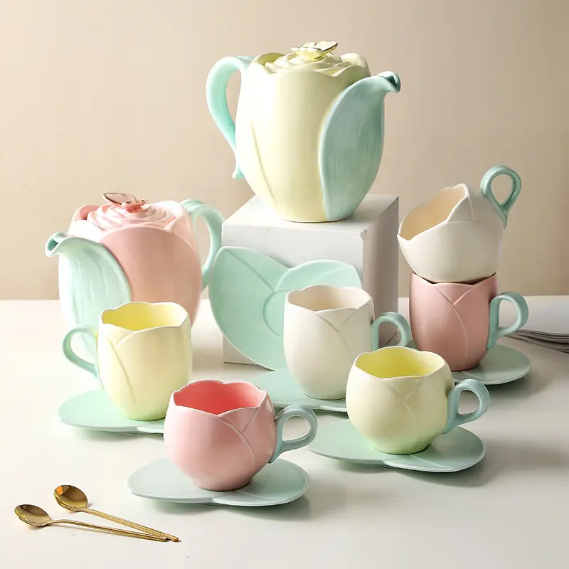 Yaratıcı 3D çiçek çaydanlık seti su demlik ısıtıcısı öğleden sonra çay hediye seti kullanımlık kahve fincanları Pot