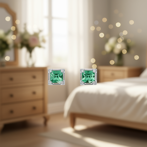 Orecchini a Perno E3950 con Smeraldo Verde Taglio Smeraldo, Placcati in Oro Bianco, con Incastonatura Geometrica a Castone, Gioielli Classici da Donna alla Moda - Product Image 2