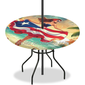 Custom Puerto Rico Flag Waterproof Zippered Cover Outdoor <strong>Round</strong> <strong>Tablecloth</strong> with Umbrella <strong>Wipeable</strong> Fabric Table Cloth - Product Image 4