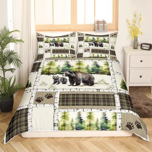 Bear Duvet Cover <strong>Rustic</strong> Hunting Animal Bedding Set Farmhouse Jungle Comforter Cover Plaid Lattice Patchwork <strong>Quilt</strong> Cover