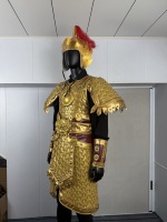 Ensemble de Costume d'Armure Dorée Rayée de Général Chinois Ancien avec Casque de Guerrier à Plumes Rouges pour Reconstitutions Historiques et Spectacles Scéniques
