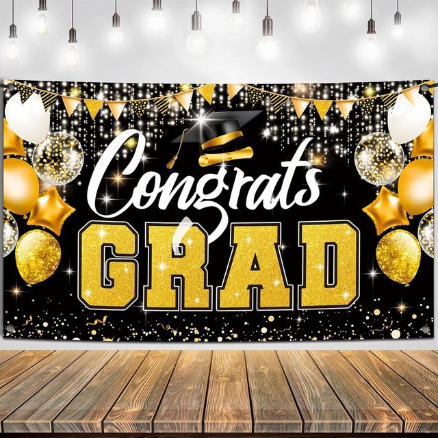 7x5ft Black Congrats Graduation Backdrop Class of 2026 Background Gold Bachelor Cap Celebration Party Decorations Banner