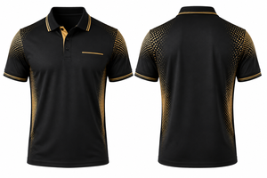 เสื้อโปโลกอล์ฟคุณภาพสูง แห้งเร็ว ผลิตจากโพลีเอสเตอร์ 92% สแปนเด็กซ์ 8% ระบายอากาศได้ดี สีดำและสีทอง ปักโลโก้ตามสั่ง - Product Image 2