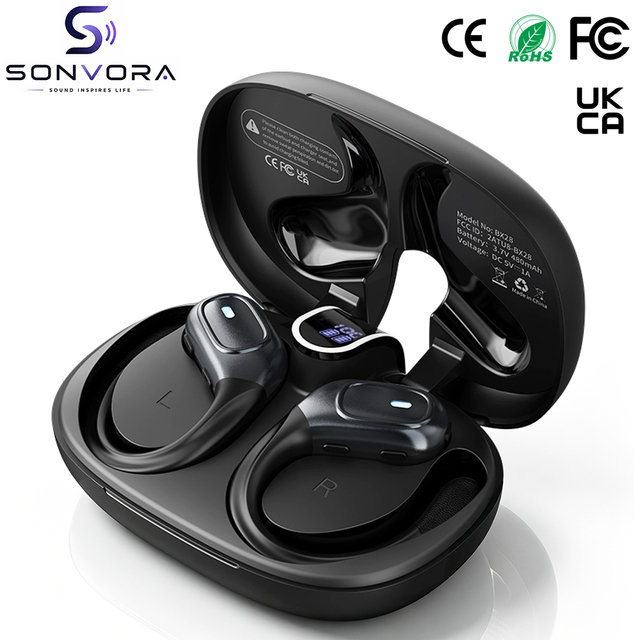 BX28 Wireless Earbuds with Ear Hooks, IPX7 Waterproof Sports Headphones, LED Power Display, Type-C Charging for Running