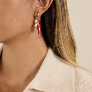 Red Chili Pearl Drop Earrings Stainless Steel Everyday Wear Jewelry for Women - Product Image 3