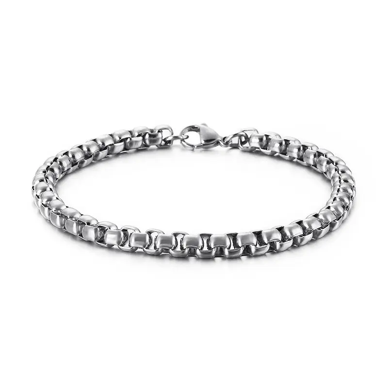Fashion Accessories Jewelry Square Pearl Rolo Link Chain Silver Bracelets 316L Stainless Steel Round Box Men's Bracelet