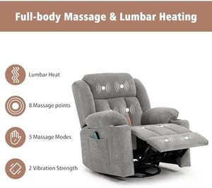 เก้าอี้โยกปรับเอนนอนแบบหมุนได้ สีเทาอมเขียวมะนาว นุ่มสบาย สำหรับผู้ใหญ่ ขนาดใหญ่พิเศษ แบบปรับเอนด้วยมือ พร้อมฟังก์ชั่นนวดและให้ความร้อน - Product Image 4