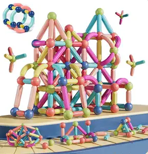 64 buah bola magnetik dan batang tongkat bangunan Set blok warna cerah ukuran yang berbeda bentuk melengkung pendidikan anak