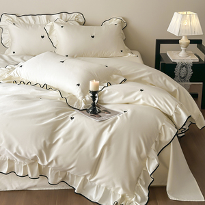 French Princess Style Cotton <b>Bedding</b> <b>Set</b> 4 Piece White Heart Embroidered Duvet Cover <b>Set</b> Breathable Home Use - Product Image 3