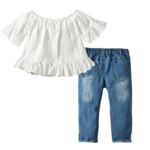 Europe America Spring Summer Children Clothing <b>White</b> <b>Lace</b> Short Sleeve Hole Beaded Denim Trousers Set - Product Image 3