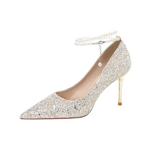 Zapatos de Novia con Tacón de Aguja, Punta en Pico, Pedrería, Correa en el Tobillo, Forro de Satén, Tacón Súper Alto de 8cm - Product Image 5