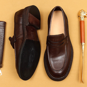 Men's leather <b>shoes</b> with vulcanized rubber soles, washed leather bottom, handcrafted leather <b>shoes</b>, thick sole, casual loafers - Product Image 1