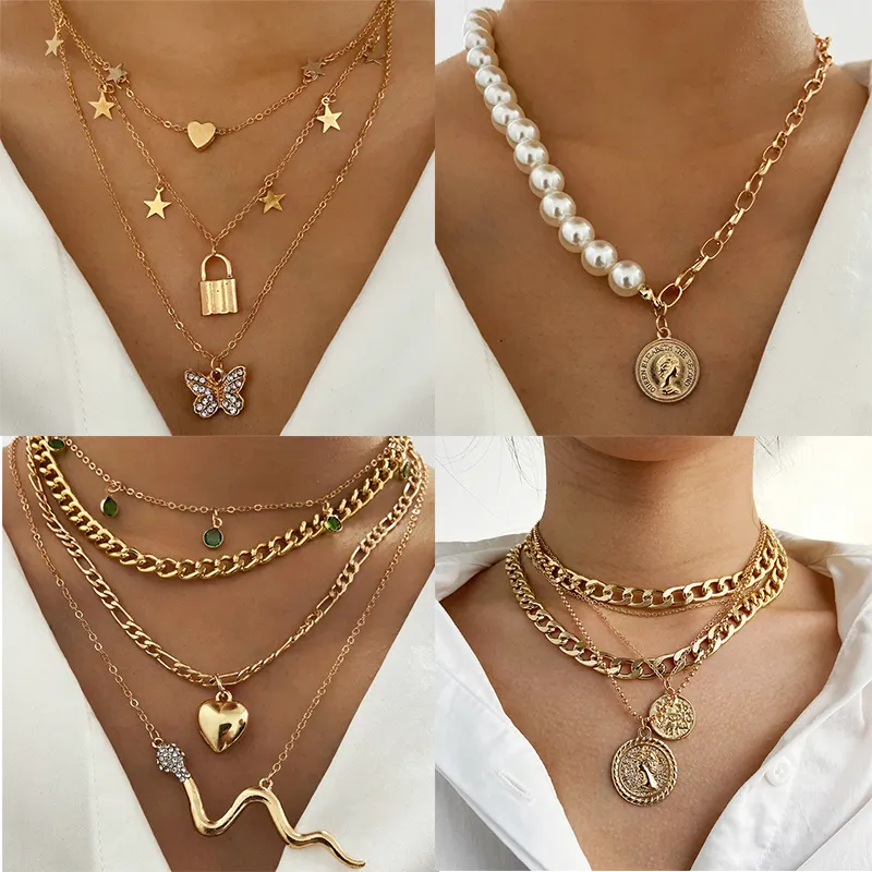 2022 Vintage Multi-layer Gold Chain Necklace Personalized Pearl Butterfly Portrait Pendant Choker Necklace For Women Jewelry