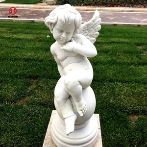 Jardín al aire libre Tallado a mano Piedra natural Tamaño real Querubín Escultura Mármol blanco Desnudo Niño Ángel Estatua - Product Image 4
