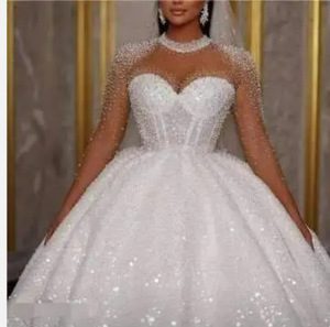 Y1612 Abiti da <span class=keywords><strong>Sposa</strong></span> di Lusso Personalizzati, Maniche Lunghe, Collo Tondo, Riccamente Decorati con Perline, Abito da <span class=keywords><strong>Sposa</strong></span> Bianco - Product Image 2