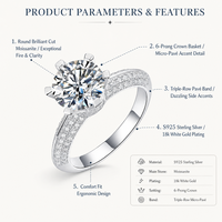 Bague de fiançailles pour femme en moissanite et argent S925, taille brillant ronde, six griffes, triple rangée, pavé de zircone cubique, avec motif couronne et panier