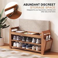 Banc à chaussures moderne rustique en bambou de 31,5 pouces à 3 niveaux avec coussin épais et paniers latéraux rabattables, capacité de 550 lb
