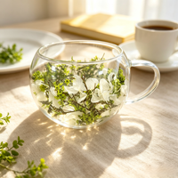 Mug en verre à double paroi avec fleurs séchées naturelles vertes, tasse à café ou à thé isolée en borosilicate résistant à la chaleur avec poignée
