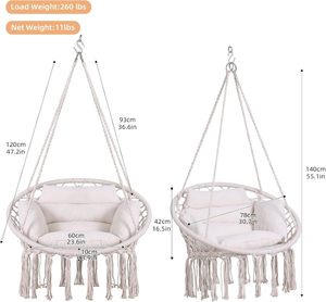 เก้าอี้แขวนแบบมาคราเม่ พร้อมเบาะรองนั่ง ชุดอุปกรณ์ติดตั้งบนเพดาน ตะขอเกี่ยว สายถักแบบมีชายครุย - Product Image 2