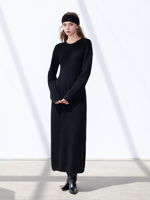 Robe longue d'hiver 100% cachemire pur pour femme, manches longues, fente latérale haute, col rond, longueur ras du sol, tricotée, coupe droite, douce et chaude