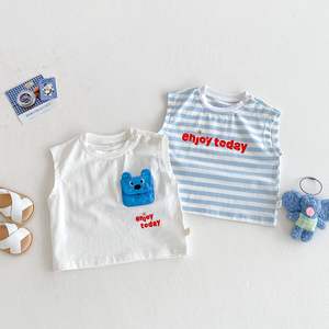 Ensemble bébé en denim avec <span class=keywords><strong>petit</strong></span> ours brodé pour filles, t-shirt imprimé tendance pour garçons et filles, <span class=keywords><strong>gilet</strong></span> rayé en coton pour enfants, été - Product Image 4