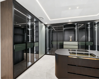 Dressing moderne sur mesure avec portes vitrées en bois foncé, éclairage LED et îlot central de rangement pour villa
