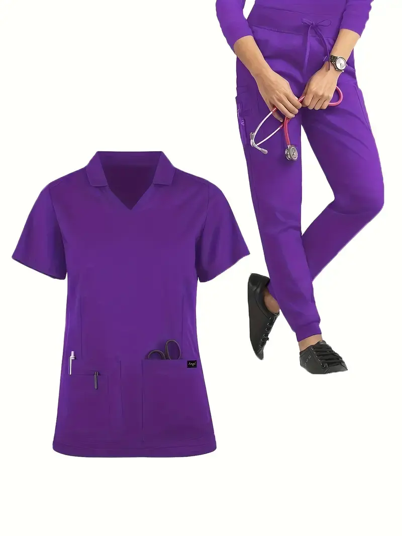 Neues solides Peeling-Zwei-teiliges Set einfarbige Oberteile Taschen lange Länge Schnurzüge Hosen Outfits einfarbiges Peeling-Set V-Ausschnitt kurze Ärmel