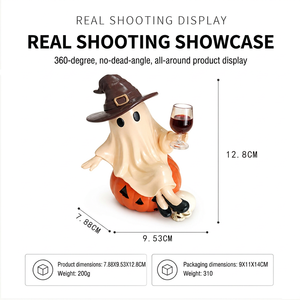 Figurine de fantôme d'Halloween en résine avec chapeau de sorcière, assise sur une citrouille, tenant un verre à vin, décoration de table pour fête à domicile - Product Image 2
