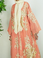 Ensemble de 2 pièces, abaya noire musulmane avec hijab, broderie or corail, robe maxi, vêtements islamiques modestes, abaya pour femmes, robe musulmane
