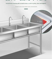 Wastafel Tiga Lubang Stainless Steel 304 Komersial, Kustom, Kaki Tinggi Dapat Disesuaikan, Model Berdiri Bebas untuk Kantin/Dapur