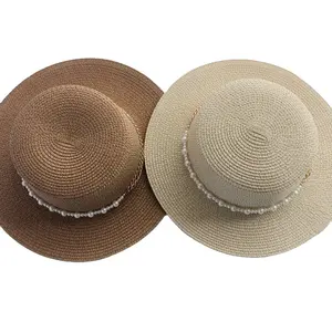 Summer Outdoor Beach Sun Boat Hat Travel Fashion Pearl Chain Flat Straw Top Hat