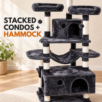 Arbre à chat multi-niveaux en charbon de bois avec deux condos superposés et hamac central