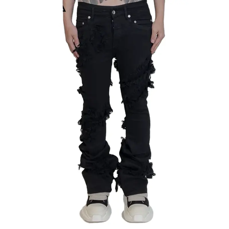 Custom High Quality Black Brand Drop Shipping Stock Ripped Distressed Flared Stacked Pants Denim Men Jeans