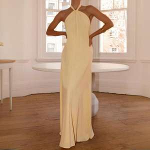 कस्टम आकस्मिक गर्मी चमक आस्तीन ठोस पीले हल्टर कॉलर बैकलेस साम्राज्य कमर सांस लेने योग्य पर्यावरण अनुकूल सूती लिनन मैक्सी - Product Image 5