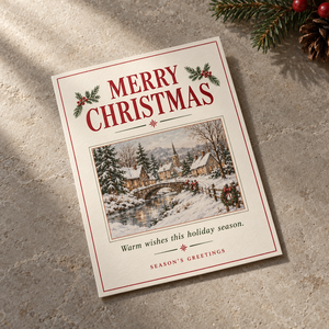 Biglietto d'Auguri Classico con Scena Natalizia, Cartolina Artistica Retrò con Villaggio Innevato, Biglietto di Auguri per le Festività Invernali - Product Image 1