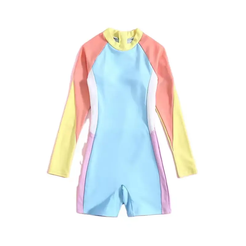 Nueva llegada poliéster secado rápido UV Patchwork Color a juego deportivo Fitness niñas manga larga niños trajes de baño