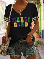 Camiseta de Mardi Gras para mujer Manga corta Fleur De Lis Fat Tuesday New Orleans Carnival Tops Púrpura