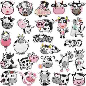 Parches Termoadhesivos Personalizados de Lona Ecológica, Chenilla, Tejidos por Computadora, Bordados con Hilo de Poliéster, Diseño de Vaca de Dibujos Animados y Perro Lindo con Sombrero - Product Image 1