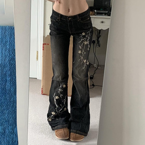 Y2K Floral Embroidery Distressed <strong>Jeans</strong> Vintage 2000s <strong>Low</strong> Rise <strong>Flared</strong> Loose Women Y2k Baggy Denim Pants Quick Dry High Street - Product Image 1