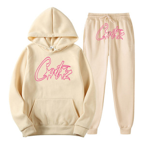 Ensemble sweat à capuche et jogging imprimé lettres noir et rose en polyester et coton, survêtement streetwear pour adultes - Product Image 4