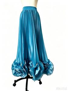 Nuova <span class=keywords><strong>Gonna</strong></span> <span class=keywords><strong>Lunga</strong></span> a Vita Alta con Elastico, Linea ad A, con Rose Tridimensionali, Pieghe e Bordo Arricciato, Stile Elegante - Product Image 4