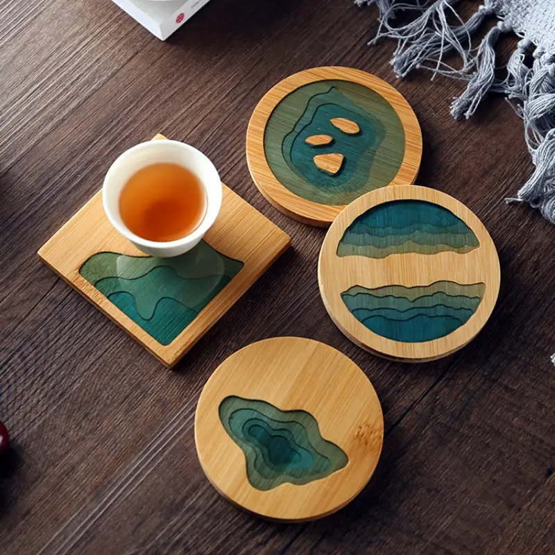 Natural bamboo wood with epoxy resin coaster round and square tea cup mat heat insulation pad for drink beer coffee tea