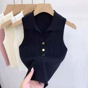 I-0704 Wholesale Summer New Knitted Cardigan Women Over <b>Vest</b> Sweet Small Short Strap Tank <b>Top</b> Sleeveless Collar <b>Top</b> - Product Image 4