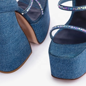 Mixed Rhinestone Denim <b>Sandals</b> Thick High Heel Thick Platform Summer Women's Dress Shoes Ankle Buckles Blue Pumps - Product Image 5