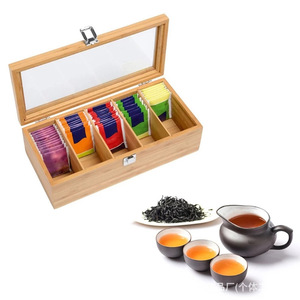 Wooden Tea Storage Box With Compartments Flip Top Lid Natural <b>Wood</b> Color Rectangle Office <b>Desk</b> Organizer - Product Image 4