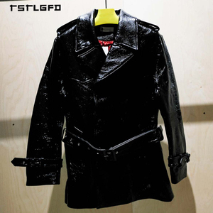 Manteau trench-coat noir en cuir PU pour homme, double boutonnage, revers, ceinture, poignets à revers, luxe, décontracté, mi-long, pour l'automne - Product Image 5