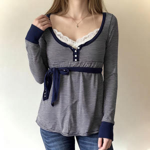 Camisa de Muñeca con Botones a Rayas y Ribete de Encaje Tejido Estilo <span class=keywords><strong>Cyber</strong></span> <span class=keywords><strong>Y2K</strong></span>, Top Versátil de Manga Larga con Cuello en V y Cintura Alta con Lazo - Product Image 2