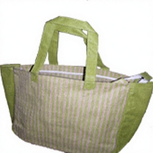 Striped jute Shopping <b>Bag</b> With Zipper Closure Large Size For Groceries Green And Pink Pattern Hand Carry Handle - Product Image 1